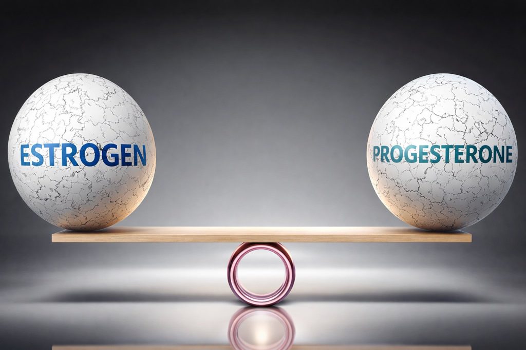 Scales balancing estrogen and progesterone, illustrating hormone balance